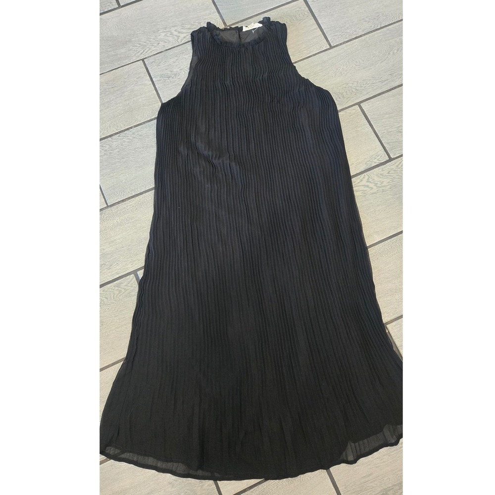 Vine & Love Black Pleated Sleeveless Midi Dress Ruffle Neck Keyhole Back Medium